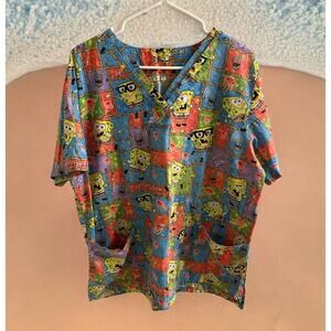 SpongeBob SquarePants Scrubs Short Sleeve V‎ Neck Size Large Shirt Jellyfish Jam